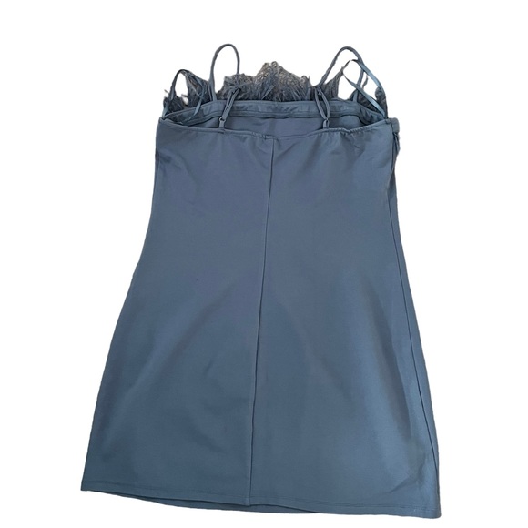 Feather Trim Bodycon Dress Color Slate Blue Size L - Picture 2 of 4